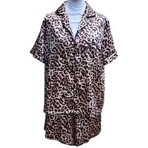 Ekouaer Leopard Print Satin Pajama Set Short Sleeve Button Down Womens SZ L